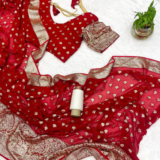 Pure Red Viscose Georgette With Jacquard Butti With Jacquard Border All Over