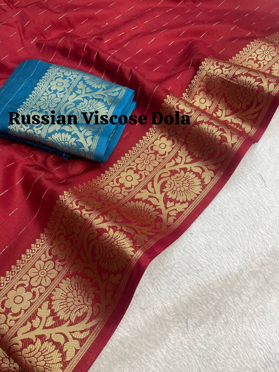 Pure Red Viscose Russian Dola Saree With Pallu And Jacquard Border