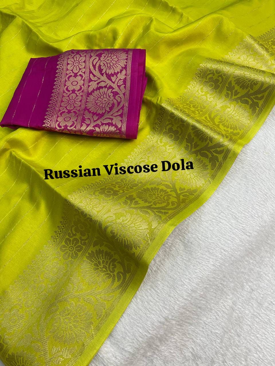 Pure Green Viscose Russian Dola Saree With Pallu And Jacquard Border