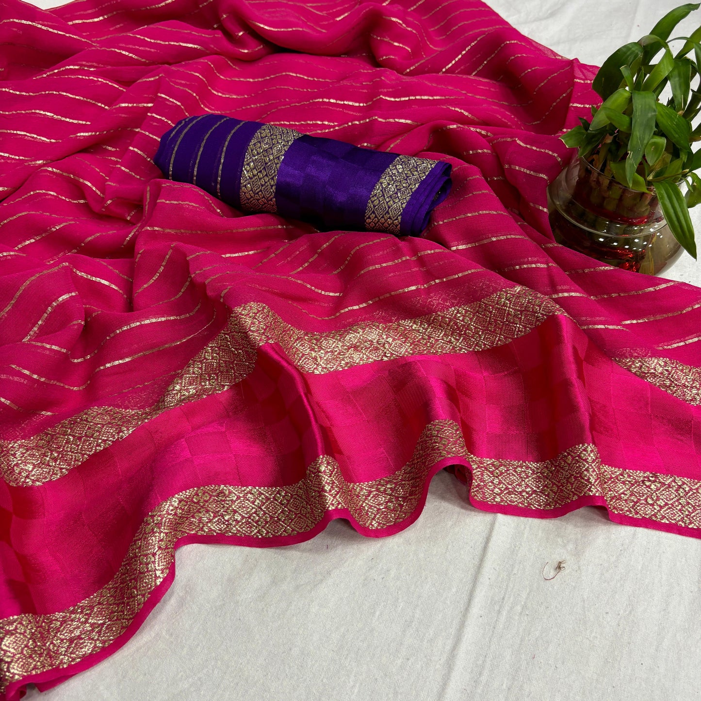 Pink Color Pure Viscose Georgette With Self Satin Chex Jacquard Border With Stripes Linning All Over In Body