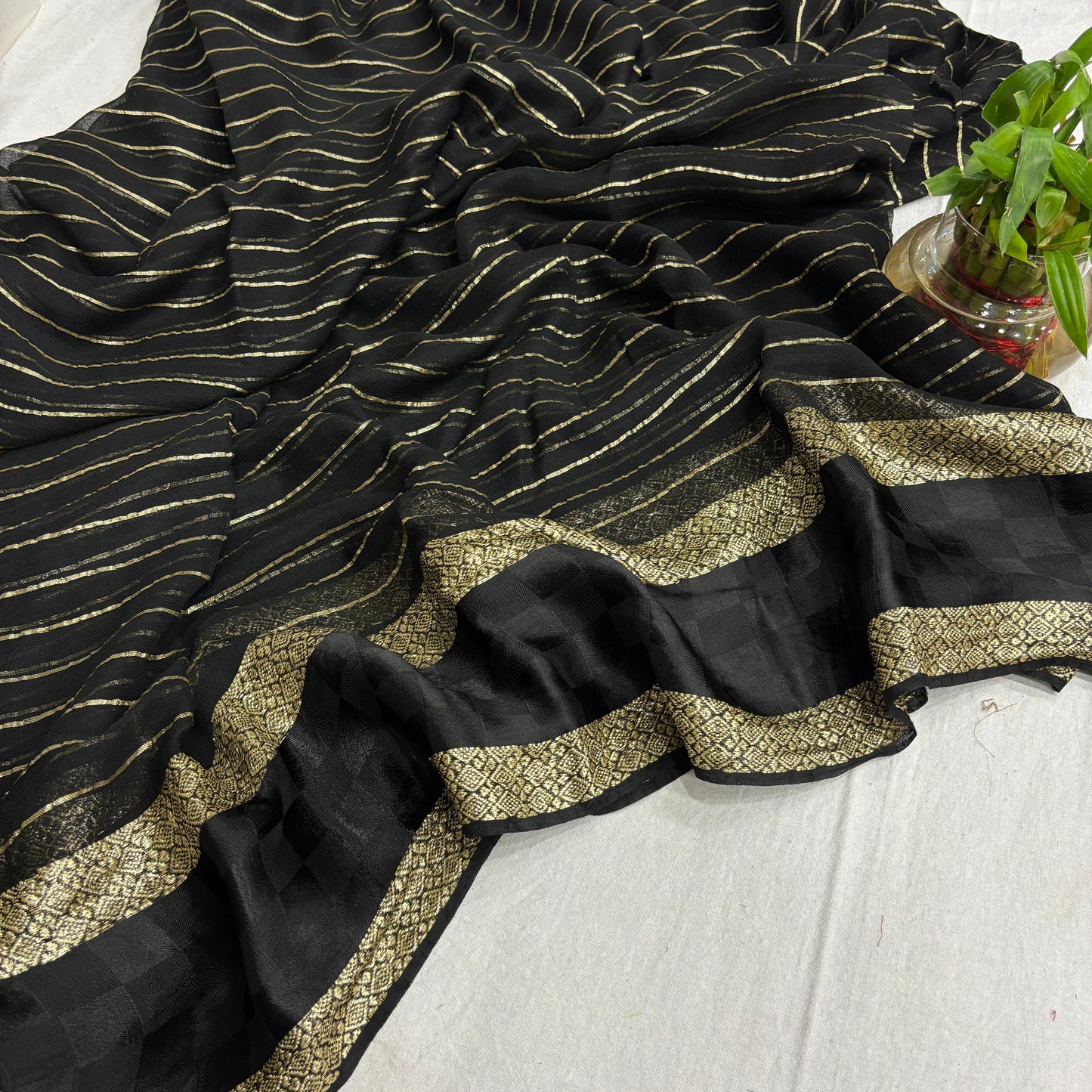 Black Color Pure Viscose Georgette With Self Satin Chex Jacquard Border With Stripes Linning All Over In Body