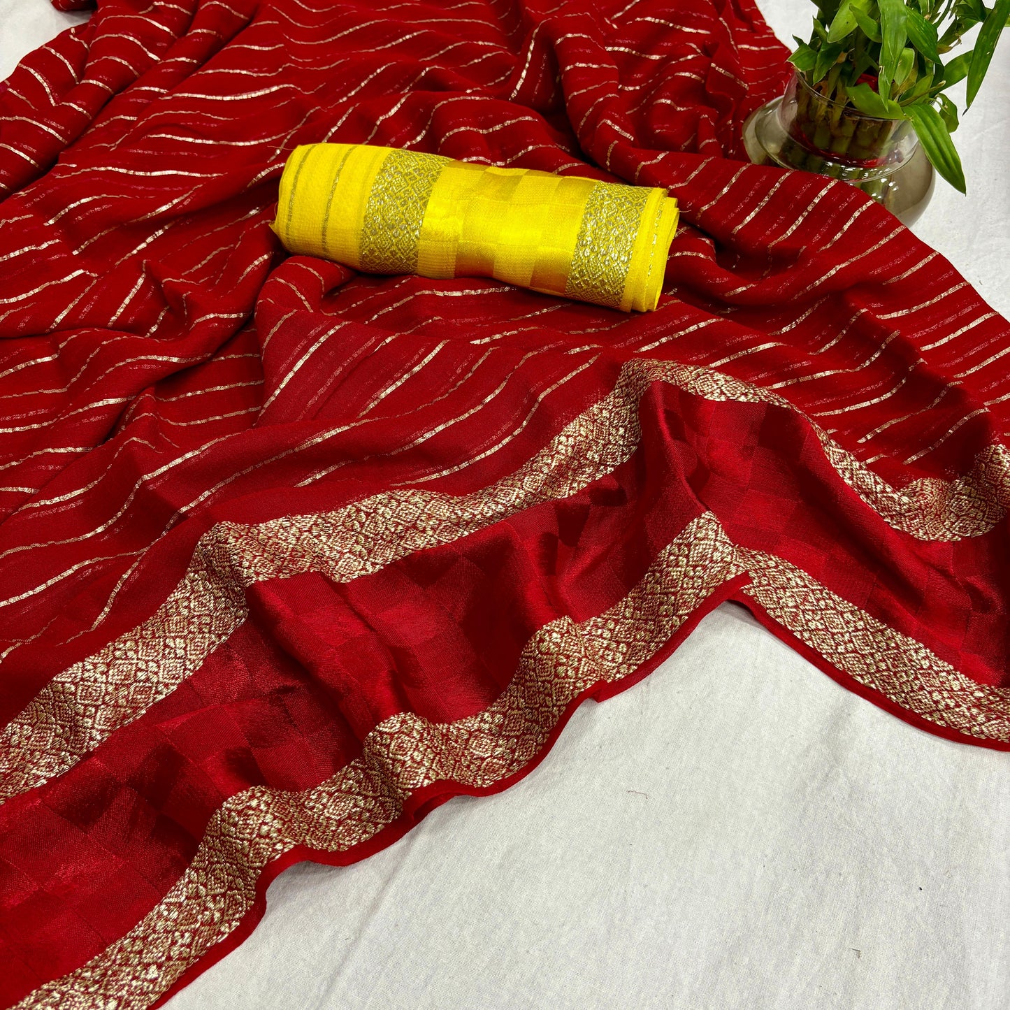 Red Color Pure Viscose Georgette With Self Satin Chex Jacquard Border With Stripes Linning All Over In Body