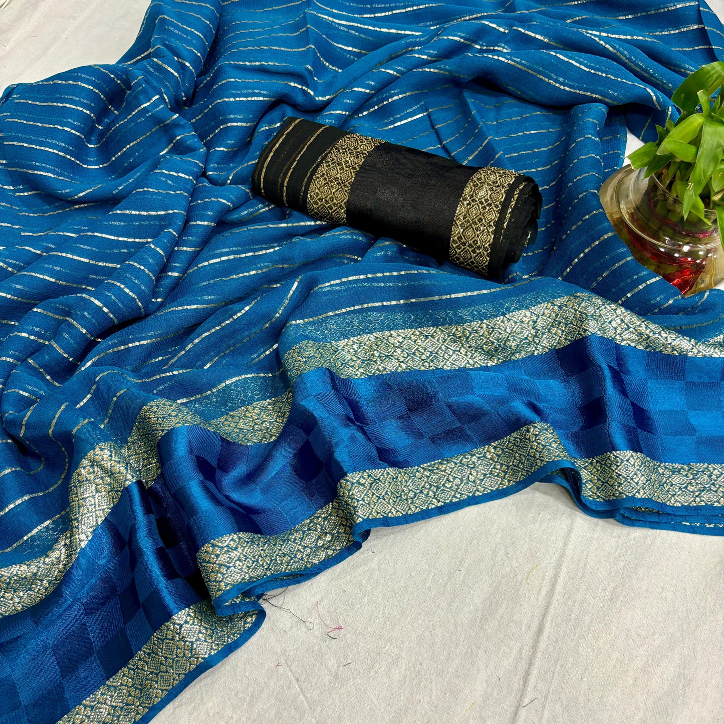 Blue Color Pure Viscose Georgette With Self Satin Chex Jacquard Border With Stripes Linning All Over In Body