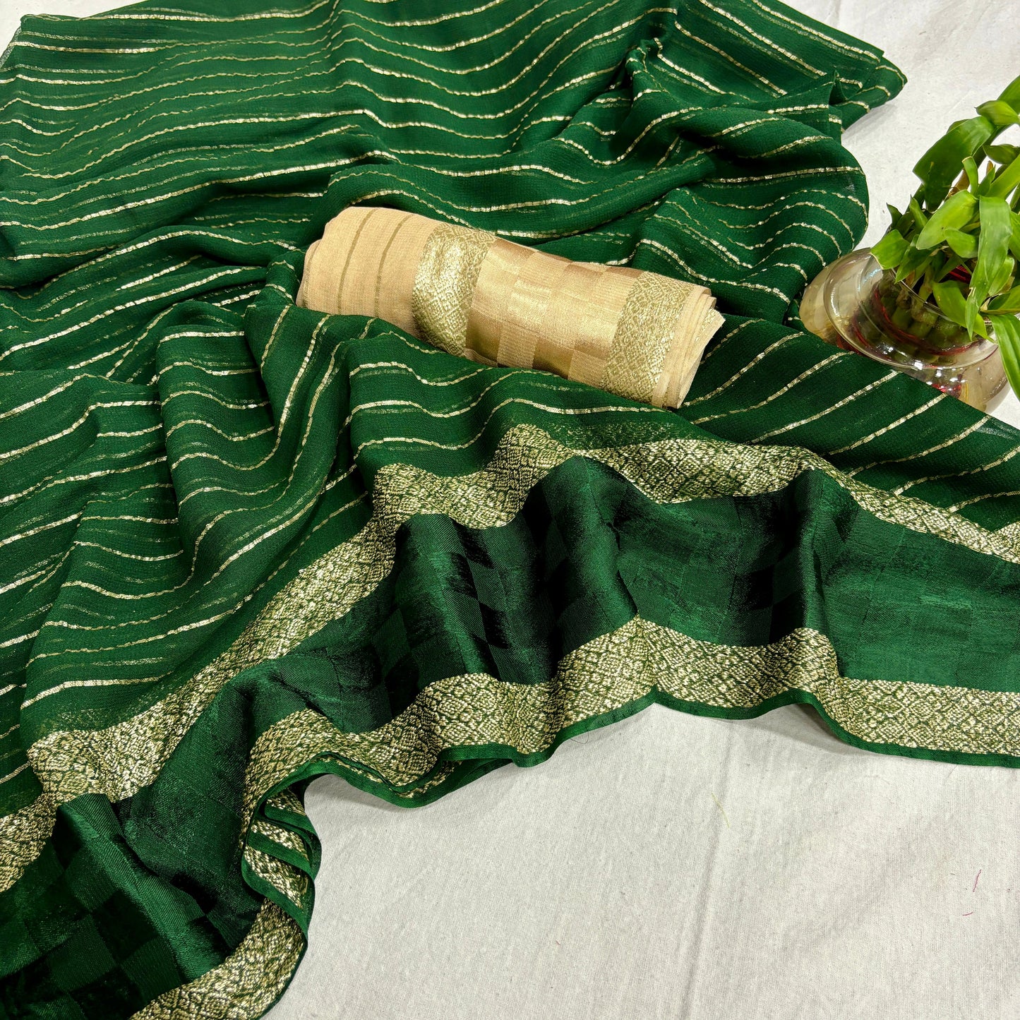 Green Color Pure Viscose Georgette With Self Satin Chex Jacquard Border With Stripes Linning All Over In Body