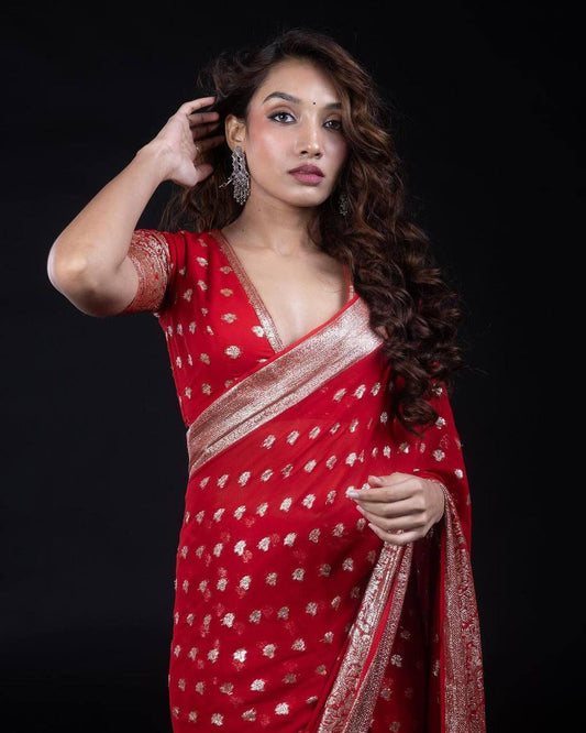 Pure Red Elegance Redefined Viscose Georgette Festive Saree with Eco-Friendly Jacquard Border