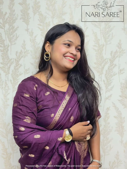 Rajasi - Plum Banarasi Silk Saree with Peacock Zari Border